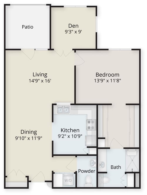 Floor plan of a one-bedroom plus den apartment at Las Ventanas at Summerlin