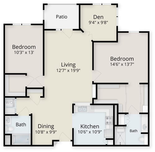 Floor plan of a two-bedroom plus den apartment at Las Ventanas at Summerlin