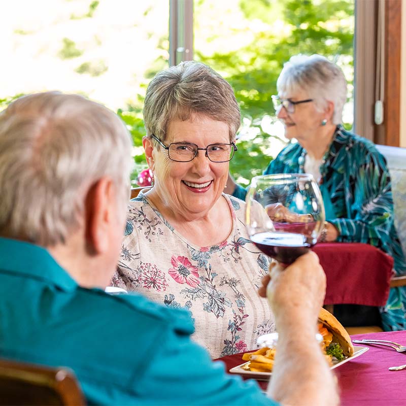 Senior woman enjoying a healthy meal with a companion who is holding up a wine glass