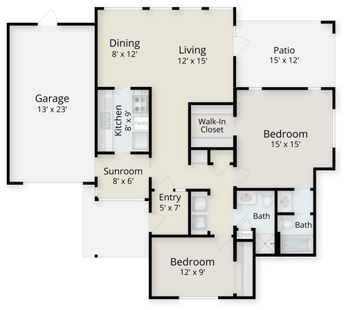 Floor plan of a 2 bedroom, 2 bath home with an expanded garden and sunroom
