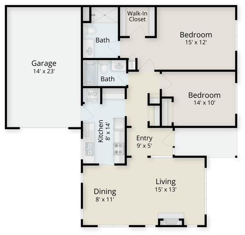 Floor plan of a 2 bedroom, 2 bath home