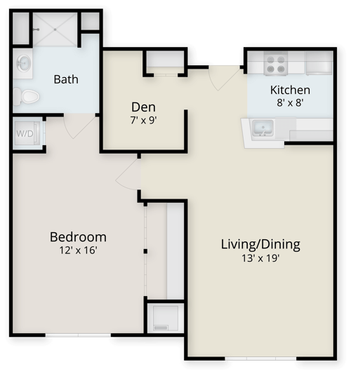 Floor plan of a 1 bedroom, 1 bath home with a den