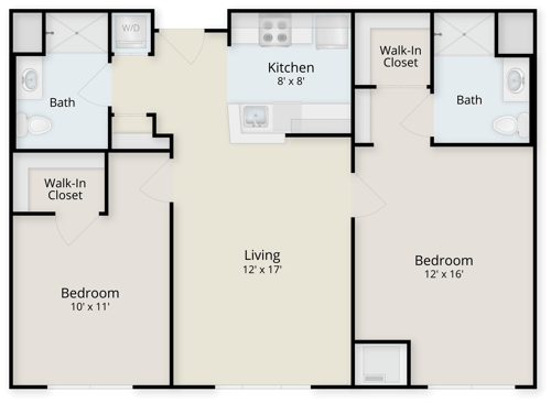 Floor plan of a 2 bedroom, 2 bath home