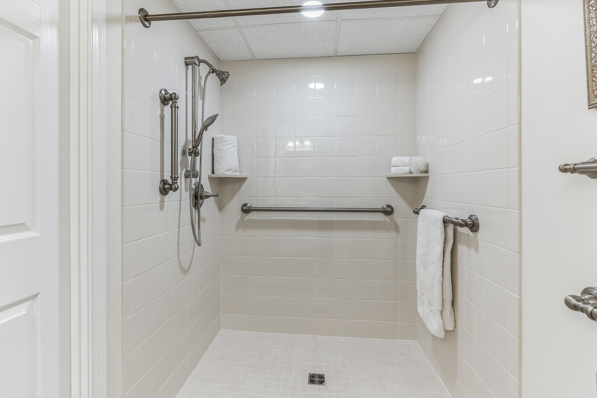 Shower in a studio apartment at The Mansion at Rosemont