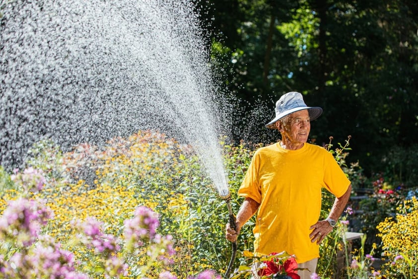 Senior man watering flowers in the garden