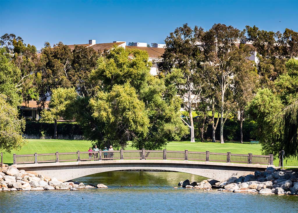 outdoor image of a bridge over a pond