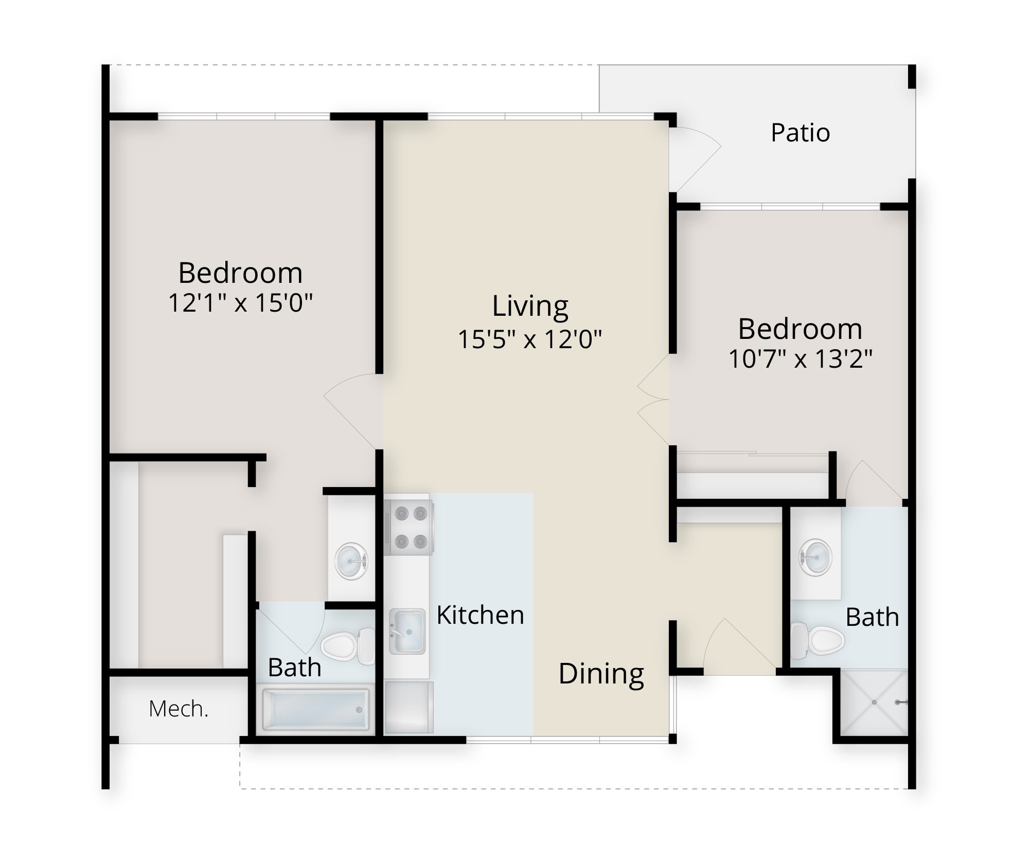 Independent living villa floor plan with 2 bedrooms and 2 bathrooms