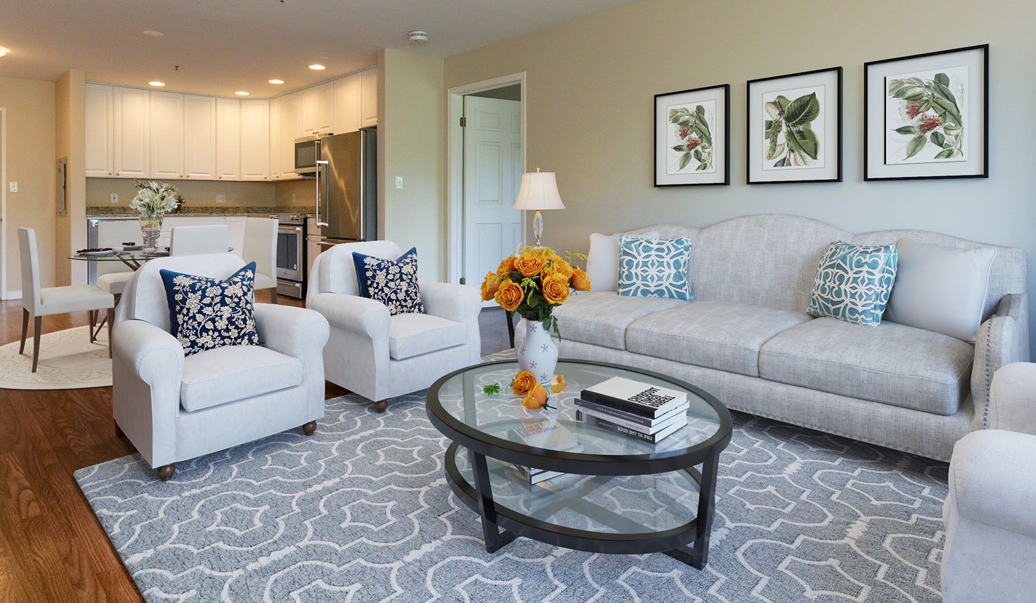 Living room and kitchen of an independent living apartment at Springhouse