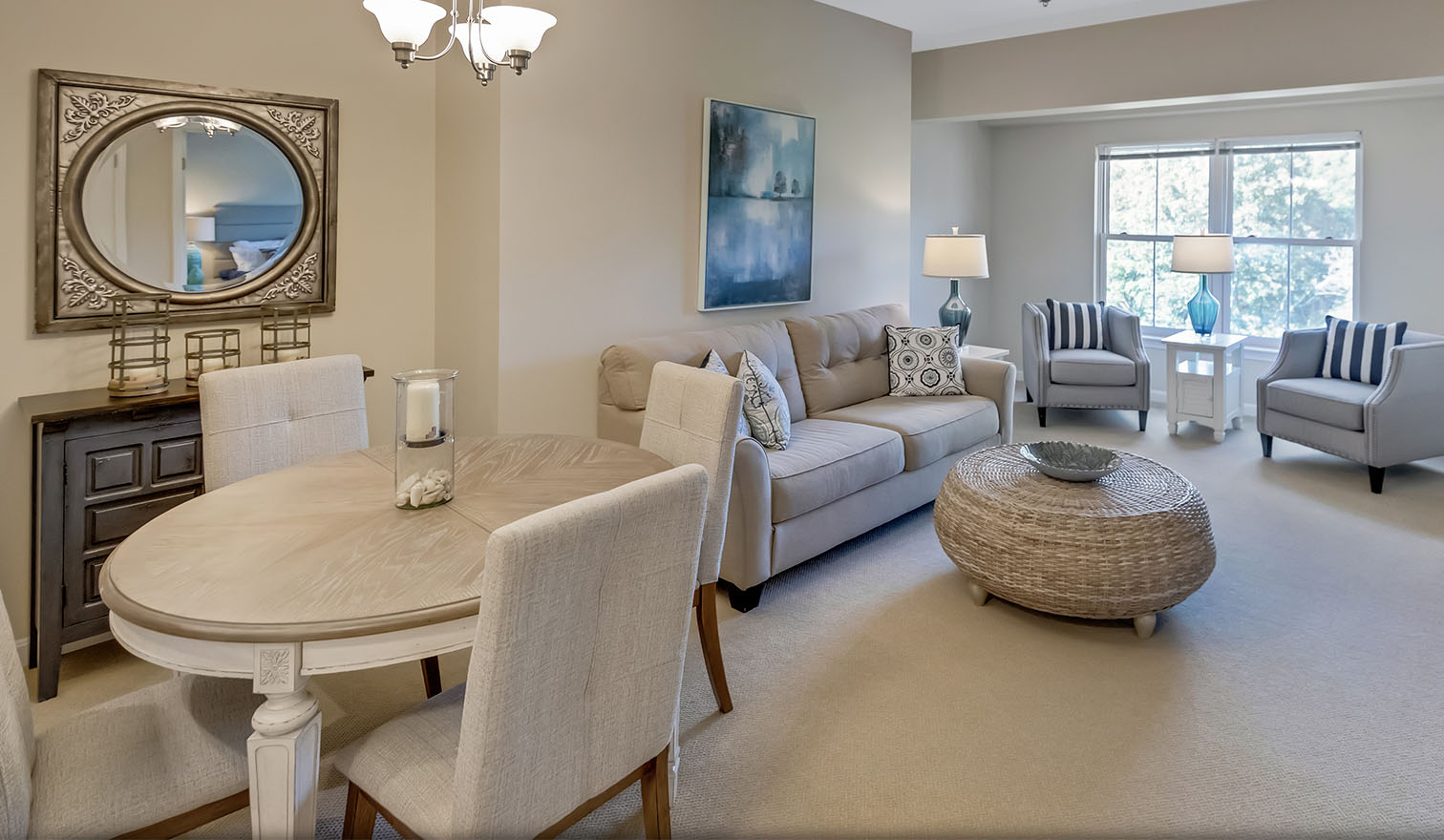 Living and dining area of an apartment home