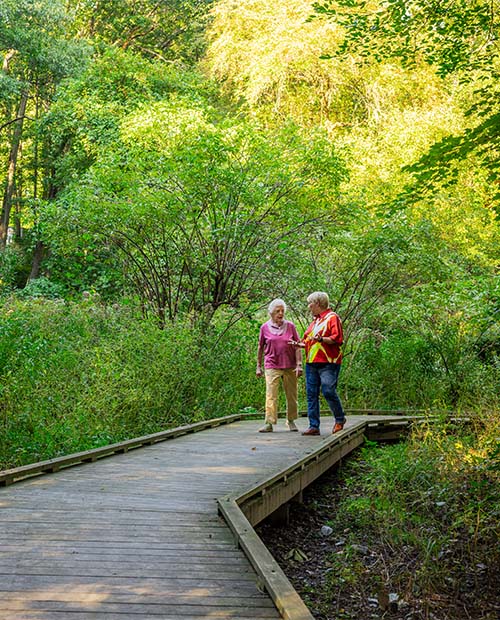 Two female senior friends walking along outdoor path