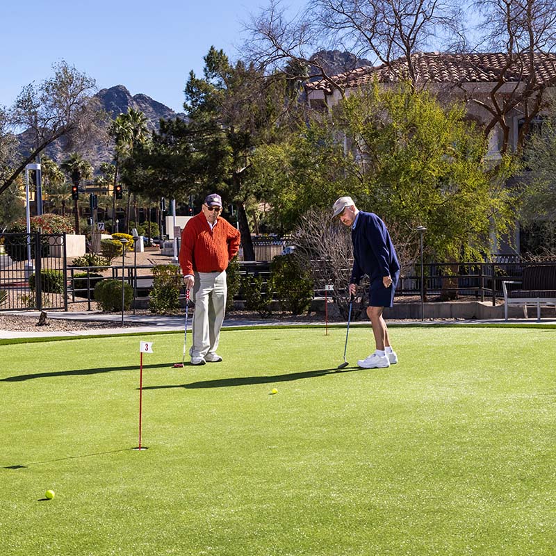 Two senior men on a putting green practicing their putts