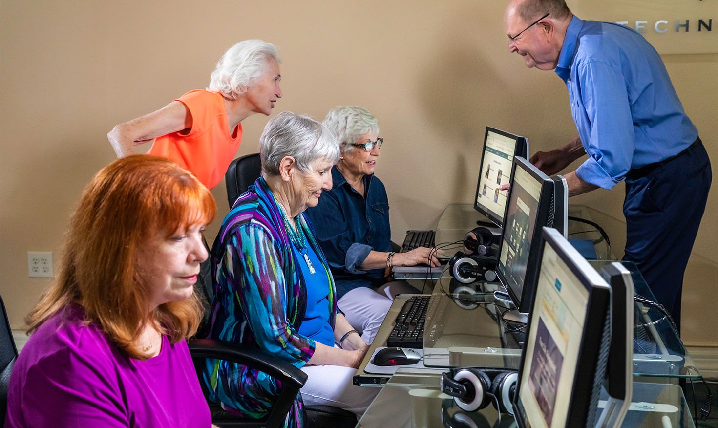 Seniors taking a computer class