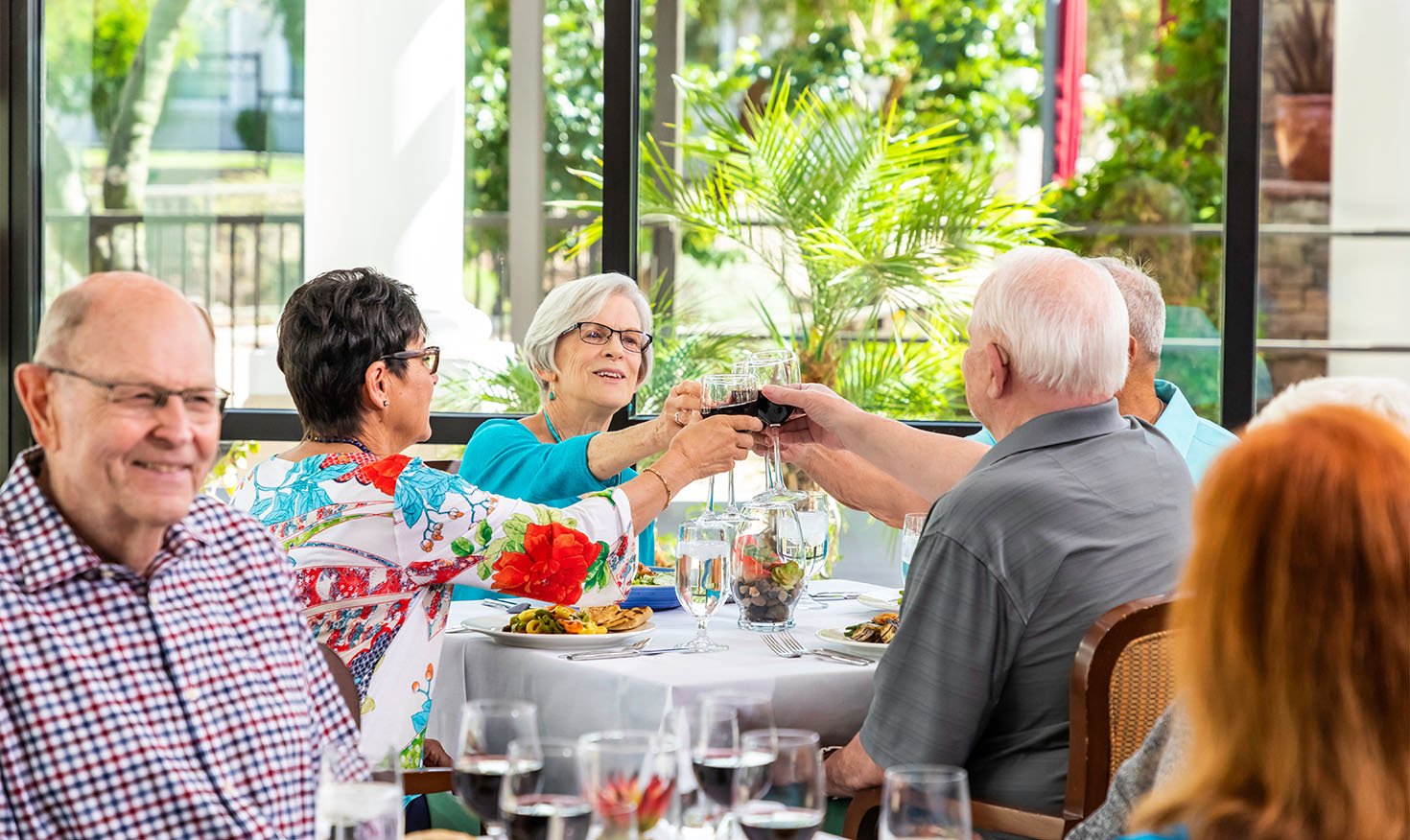 Seniors having lunch with friends and toasting with wine glasses