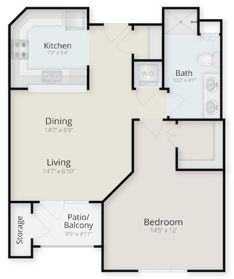 Floor plan of a one bedroom, one bath apartment at The Terraces of Phoenix