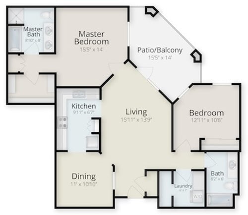 Floor plan of a two bedroom, two bath apartment at The Terraces of Phoenix