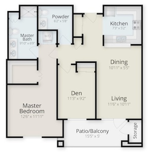  Floor plan of a one bedroom plus den apartment at The Terraces of Phoenix