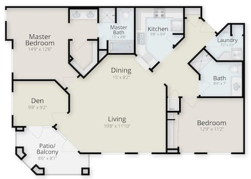  Floor plan of a two bedroom plus den apartment at The Terraces of Phoenix
