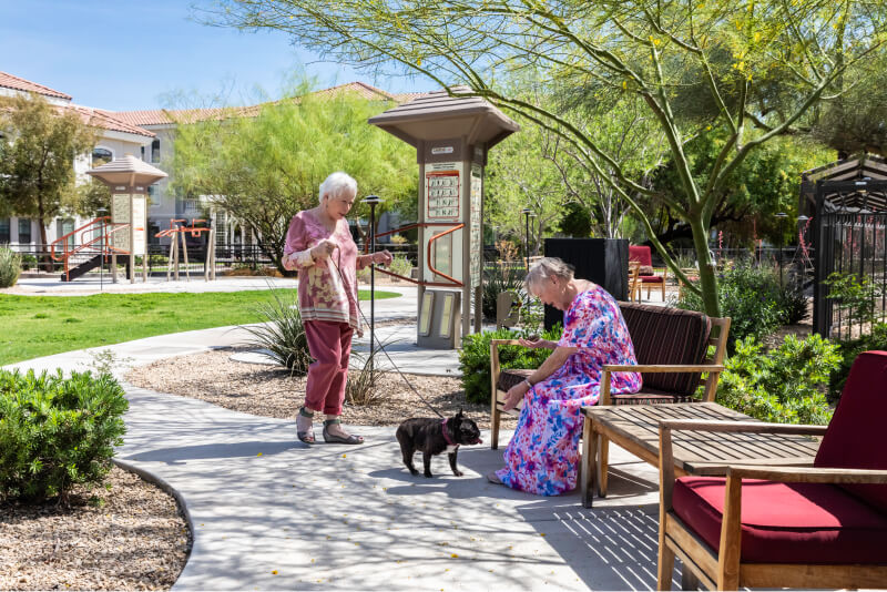 Senior woman walking a small black dog approaches another senior woman sitting on an outdoor bench
