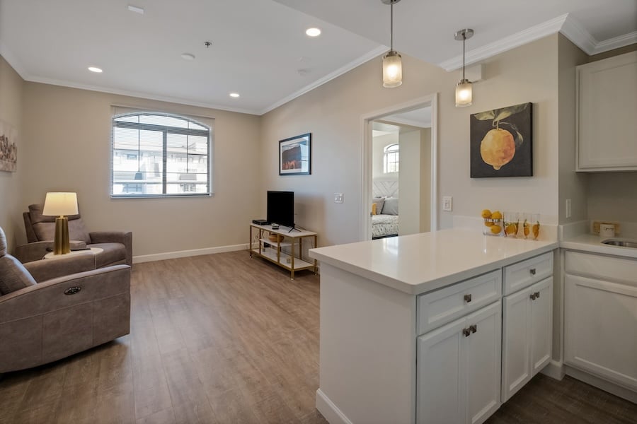 living room and kitchen counter in an apartment
