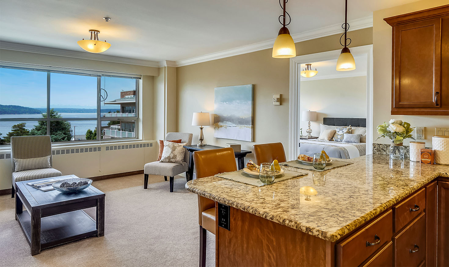 Interior of a Judson Park apartment with a water view