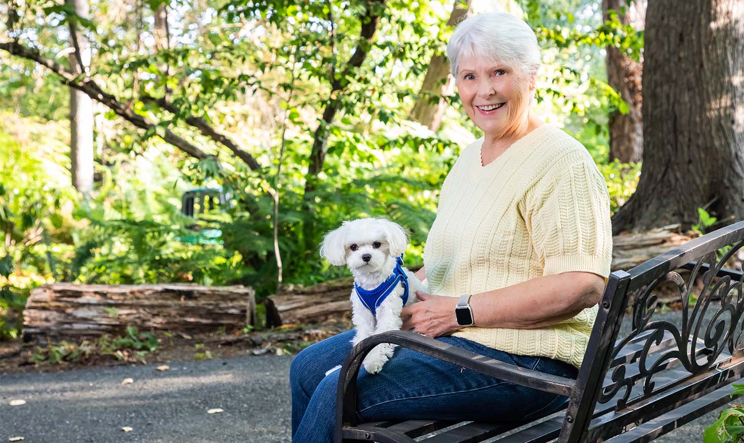 Senior woman sitting on an outdoor bench holding a small white dog in a blue harness