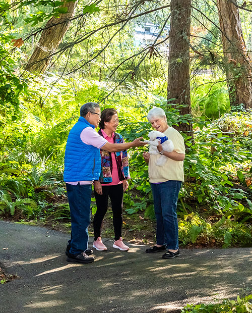 Senior couple standing on a path with a senior woman holding a small white dog