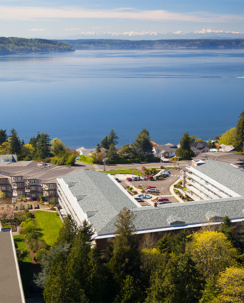 Aerial view of the Judson Park Life Plan Community overlooking Puget Sound