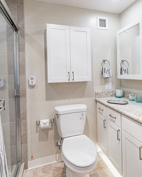The bathroom in an apartment at Piedmont Gardens