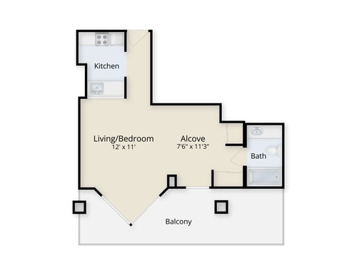 Floor plan of an alcove studio apartment at Piedmont Gardens