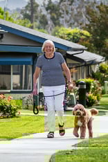 Senior woman in a striped shirt walking a dog on the sidewalk at Redwood Terrace