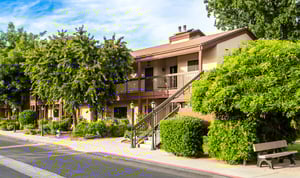 Exterior of apartment building at Rosewood, a HumanGood Life Plan Community