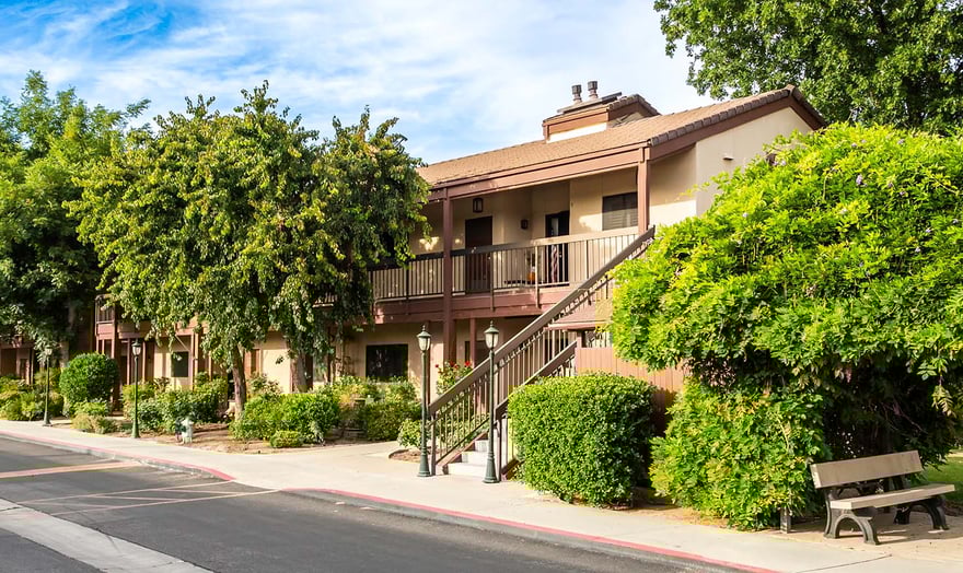 Exterior of apartment building at Rosewood, a HumanGood Life Plan Community