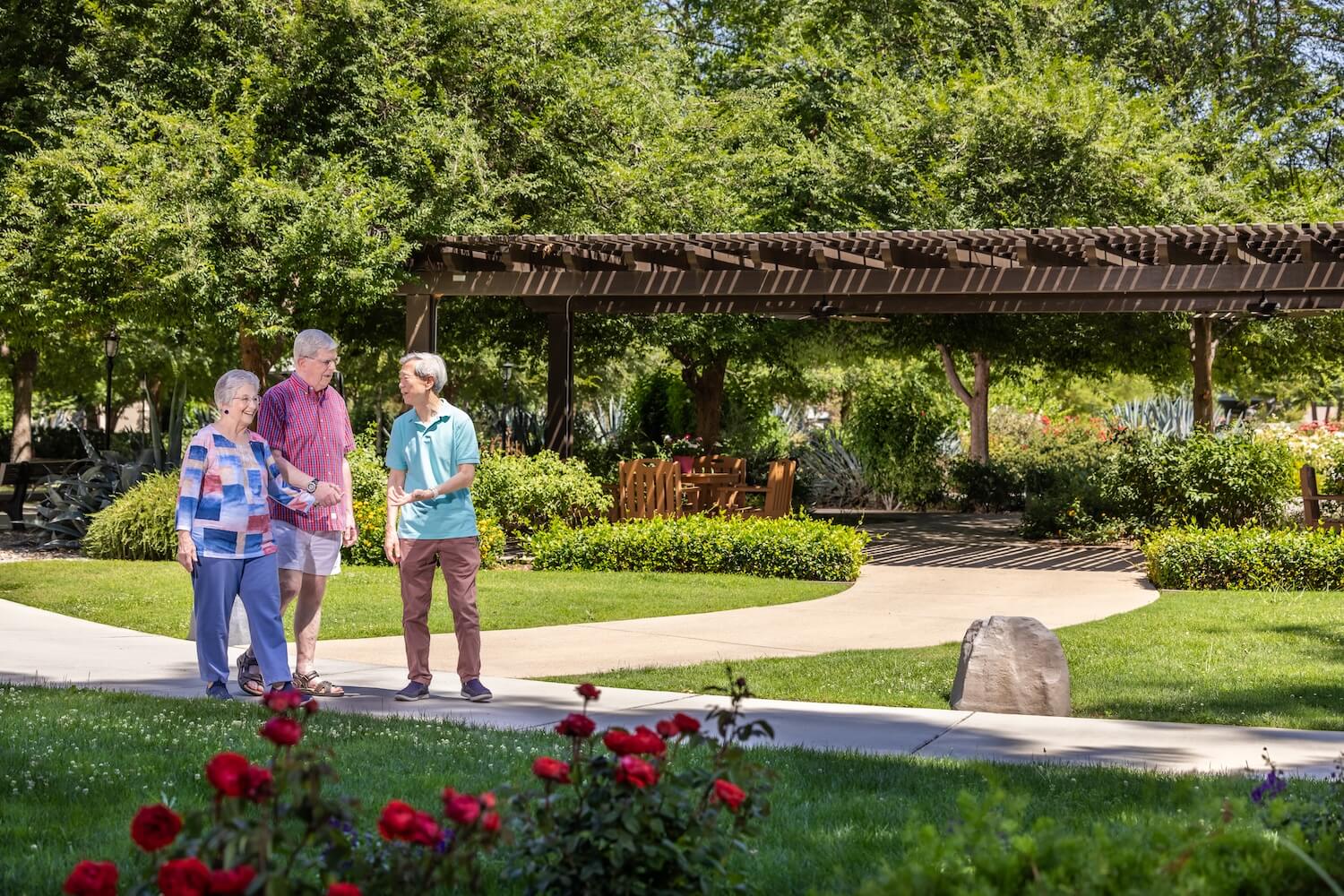 people walking by the pergola