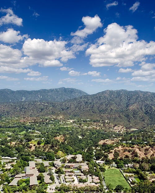 Aerial shot of the Royal Oaks community and the San Gabriel Mountains