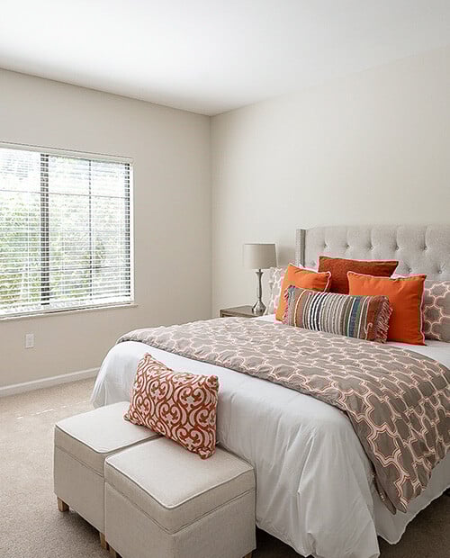 Spacious bedroom featuring a bed with a gray tufted headboard in an apartment