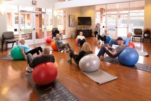 Group of seniors using exercise balls during a fitness class in the Royal Oaks fitness center