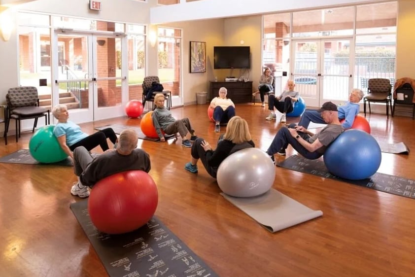 Group of seniors using exercise balls during a fitness class in the Royal Oaks fitness center