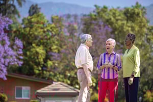Two senior women and a senior man standing outside and talking at Royal Oaks