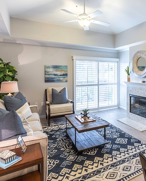 Spacious living room of an apartment at Royal Oaks