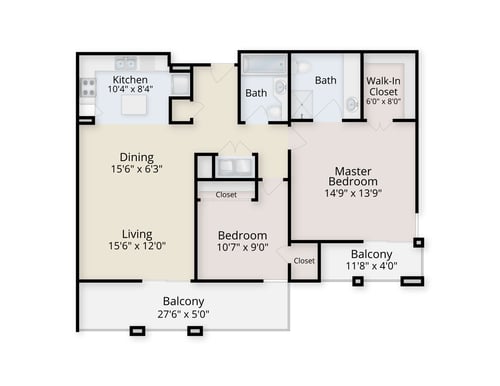 Floor plan of a two-bedroom apartment at Royal Oaks