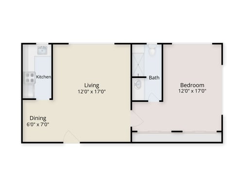 Floor plan of a one-bedroom apartment at Royal Oaks