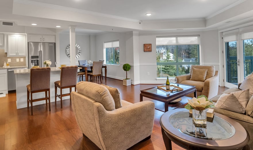 Kitchen and living area of an apartment at Rydal Park & Waters