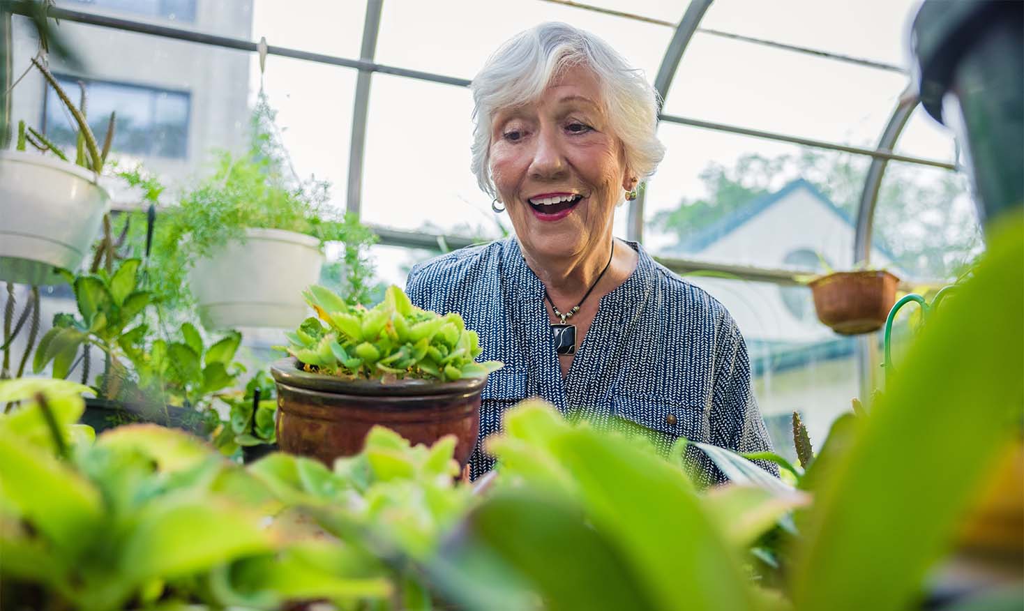 Senior woman inside a greenhouse