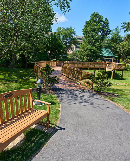 Walking path outside leading to a wooden bridge