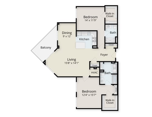 Floor plan of a two-bedroom apartment at Rydal Park & Waters 