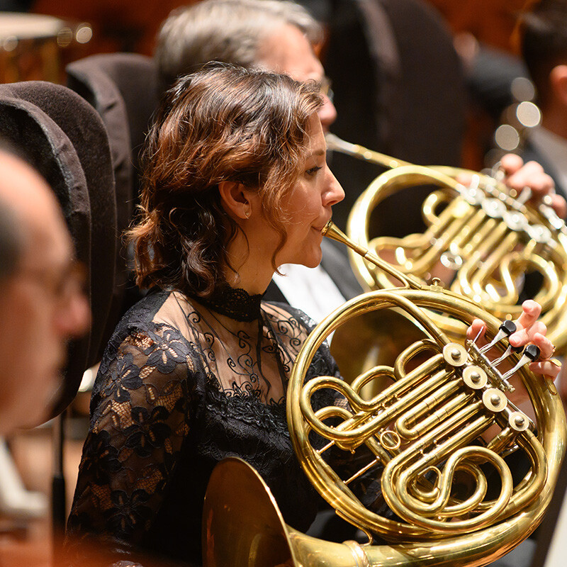 A member of the San Francisco Symphony playing the French horn