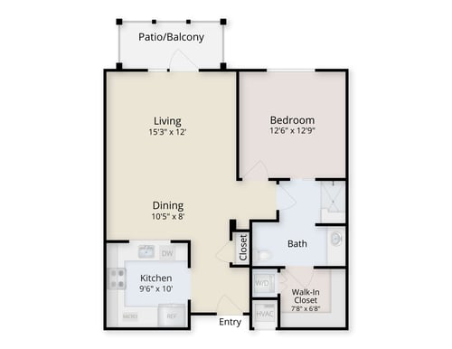 Floor plan of a one-bedroom apartment at The Terraces at Los Altos