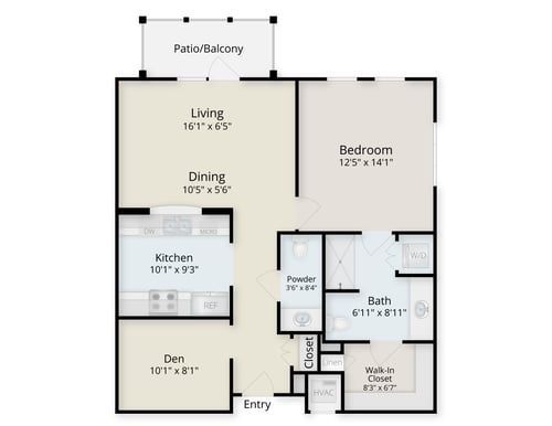 Floor plan of a one-bedroom + den apartment at The Terraces at Los Altos