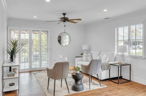 cottage living room facing sliding glass door