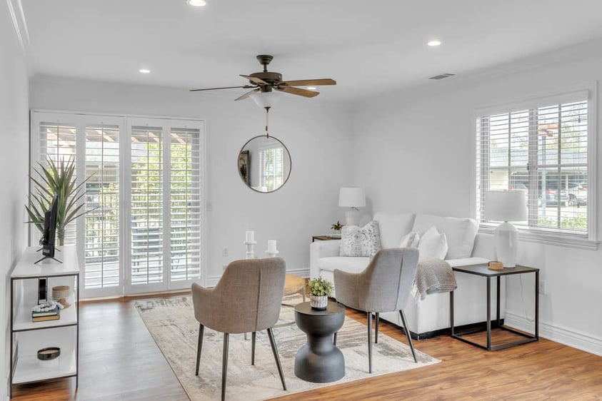 cottage living room facing sliding glass door